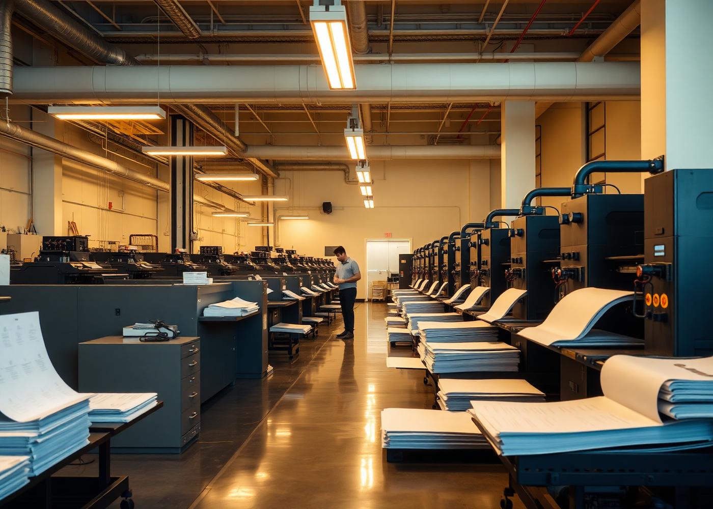 Printing press floor with operators inspecting printed sheets