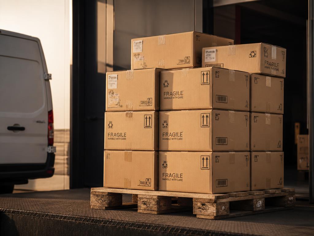 Packed cartons stacked on a pallet ready for dispatch beside a delivery van