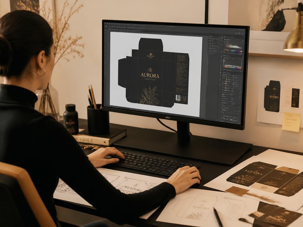 Designer working on packaging artwork with print proofs on the desk