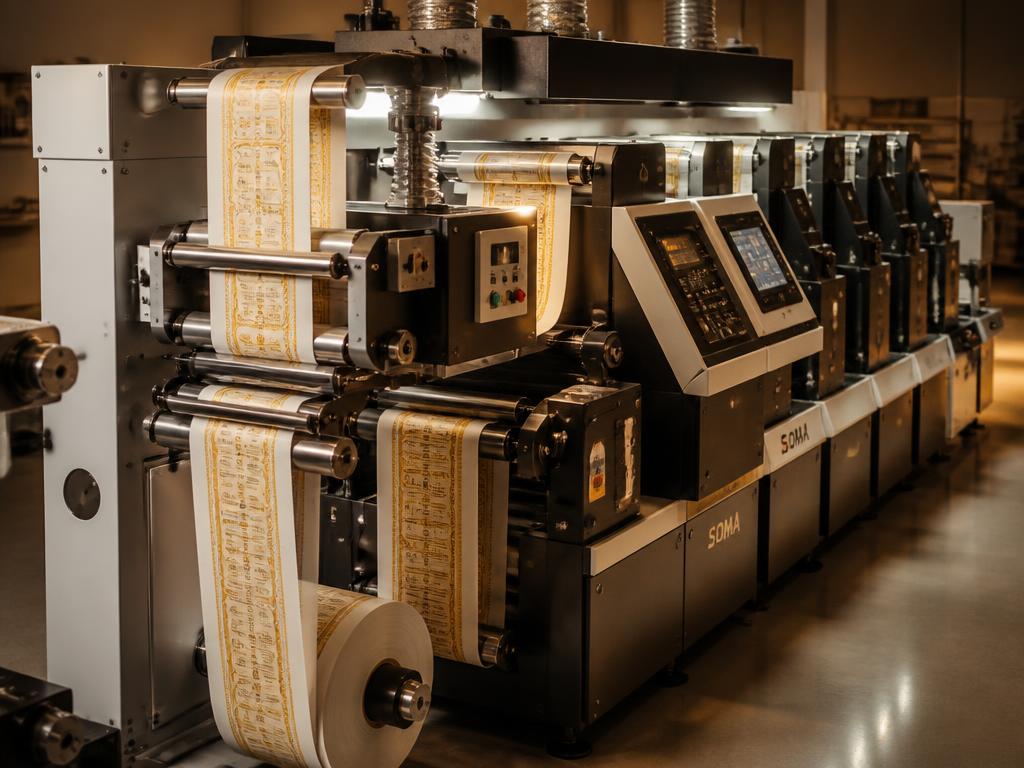 Modern flexo printing machine printing a label web