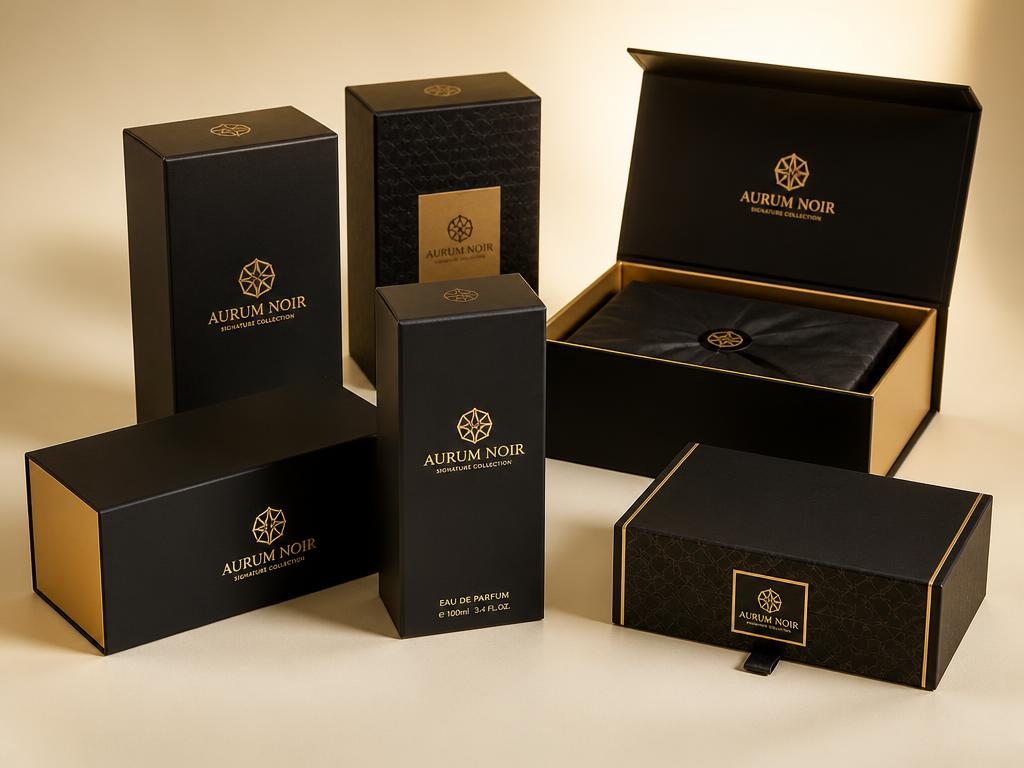 Black and gold mono cartons and rigid gift boxes