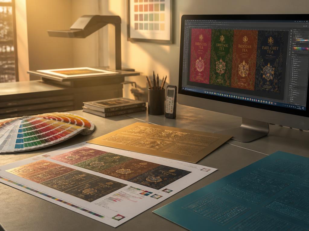 Pre-press workstation with colour proofs, printing plates and artwork on screen